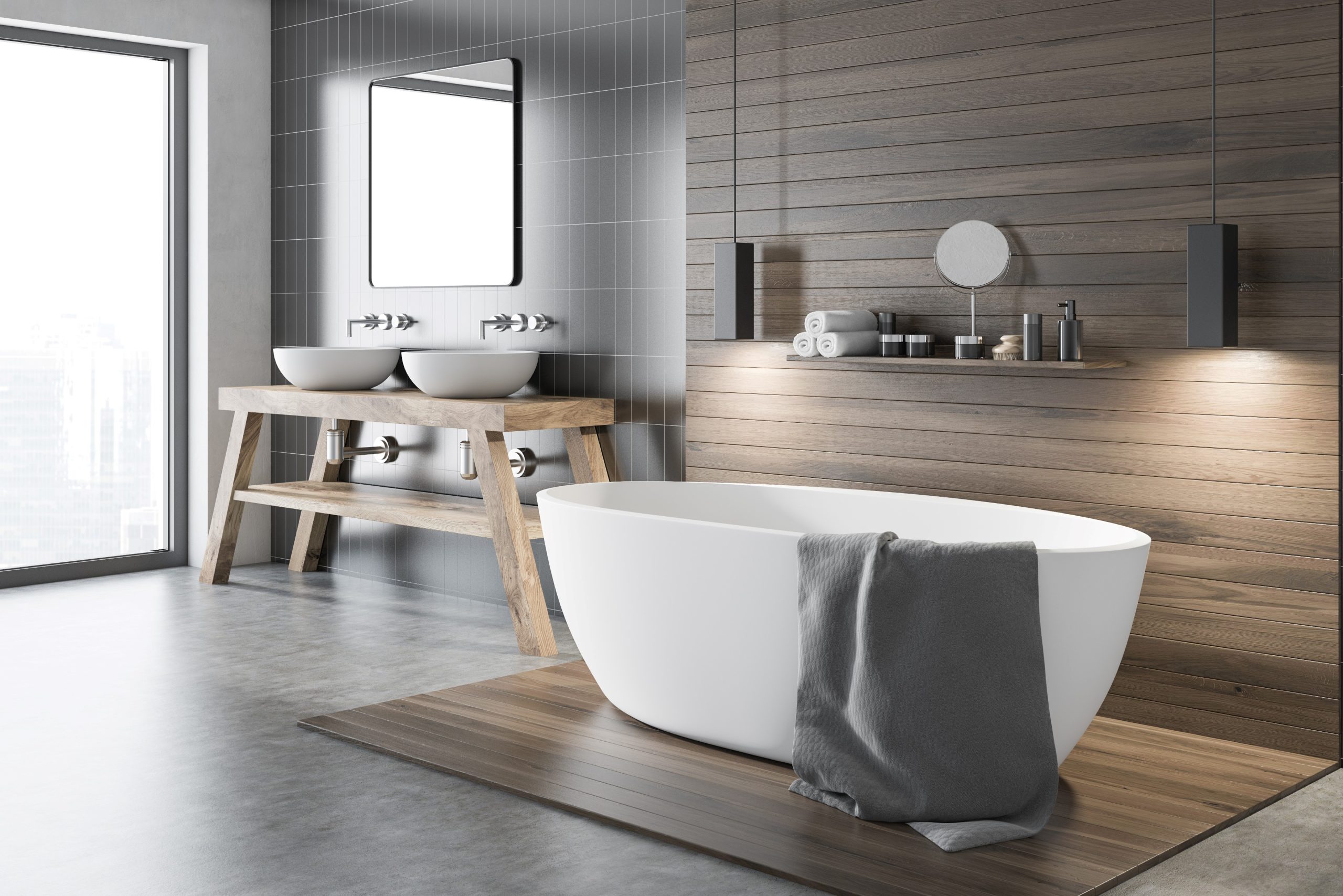 Badsanierung: Modernes Badezimmer mit freistehender Badewanne, Doppelwaschtisch und Holzdetails.